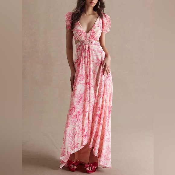 Mac Duggal Dresses & Skirts - Mac Duggal 9161 Floral Ruffle Shoulder Lace Up Gown Size 2 Pink